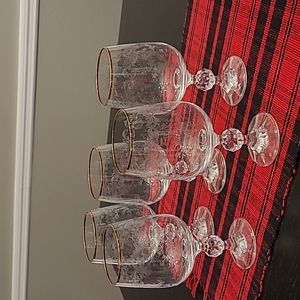 Lot of 5 Vintage   Gold  Rim Etched  Bohemia  Fine Crystal  Wine Glasses  Goblet
